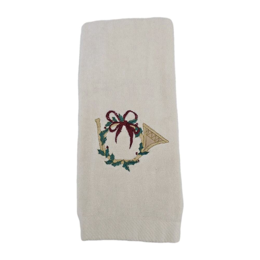 Vintage 1990's R.A. Briggs Christmas Horn Embroidered Hand Towel Cream Cotton